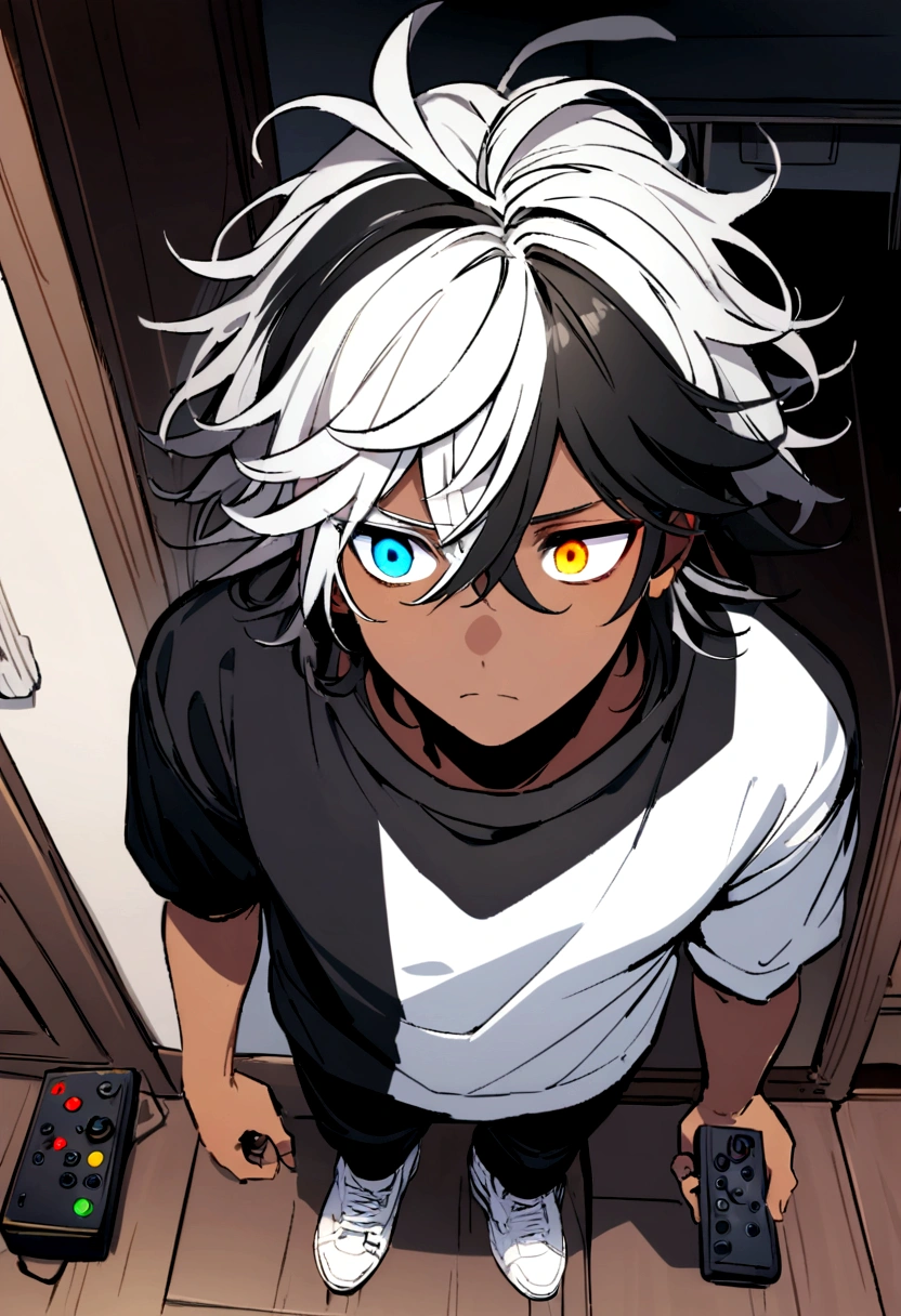 white  shirt, wearing a black sweatshirt with silver details , white tennis shoes with black details, black pants, yellow and black eyes heterochromia, expression of calm, Messy hair , Medium length hair , 1 men , multicolored black and white hair ( focus on hair containing both colors) , two tone hair , dark skin color, male focus, Inside the house, standing, whole body, From  above, earbuds, looking away, Video game control, containment, containment controller,