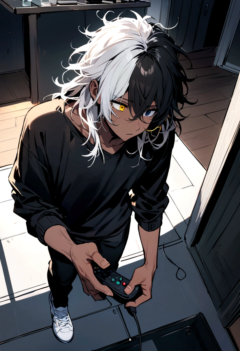 white shirt, wearing a black sweatshirt with silver details , white tennis shoes with black details, black pants, yellow and black eyes heterochromia, expression of calm, Messy hair , Medium length hair , 1 men , multicolored black and white hair ( focus on hair containing both colors) , two tone hair , dark skin color, male focus, Inside the house, standing, whole body, From above, earbuds, looking away, Video game control, containment, containment controller,