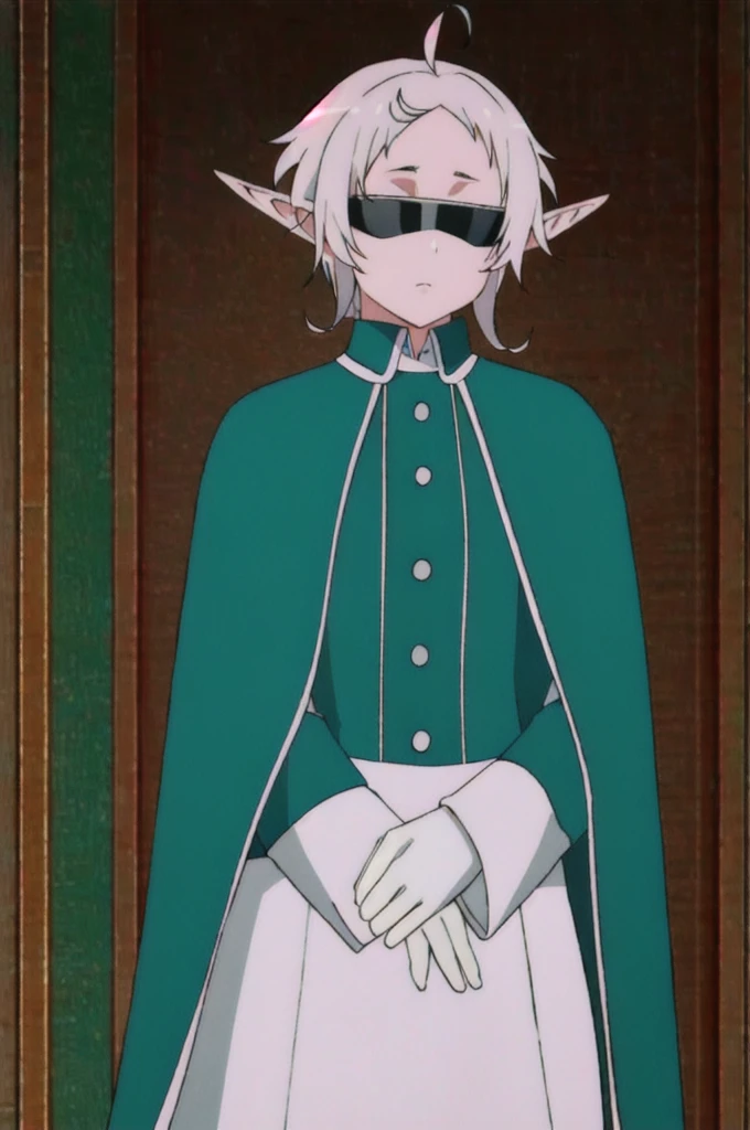 å¸é²è²å¶ç¹,1girl,white hair,elf,red eyes,forehead,pointy ears, short hair,ahoge,short hair with long locks
sunglasses,blindfold,green capelet,white shirt,long sleeves,green cape,buttons,green collar,shirt,,white gloves, Exquisite visuals, high-definition,masterpiece,best quality,
