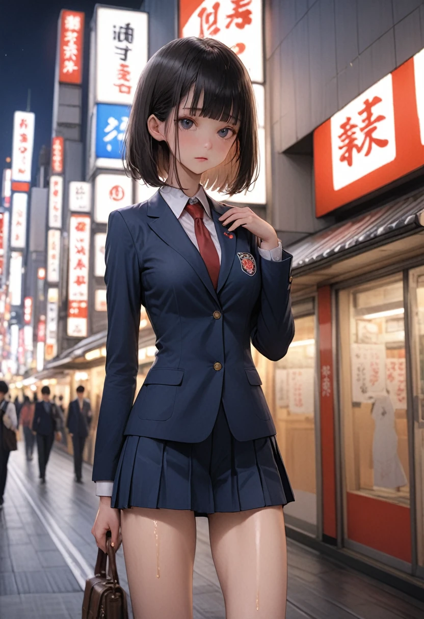 ((masterpiece,Highest quality:1.3,best quality illustration)),realistic,cowboy shot,1woman、独奏,16-year-old Japan beauty,((very small head)),short bob hair,blunt bangs,black hair,black eyes,gorgeous eyes,shy,medium breasts,((very long body)),(School uniform,Navy blue blazer、Red tie、White Shirt、Navy blue pleated mini skirt),(toned body,slender body,skinny),gleaming skin,shiny skin,oily skin,standing,Shibuya Station、Tokyo