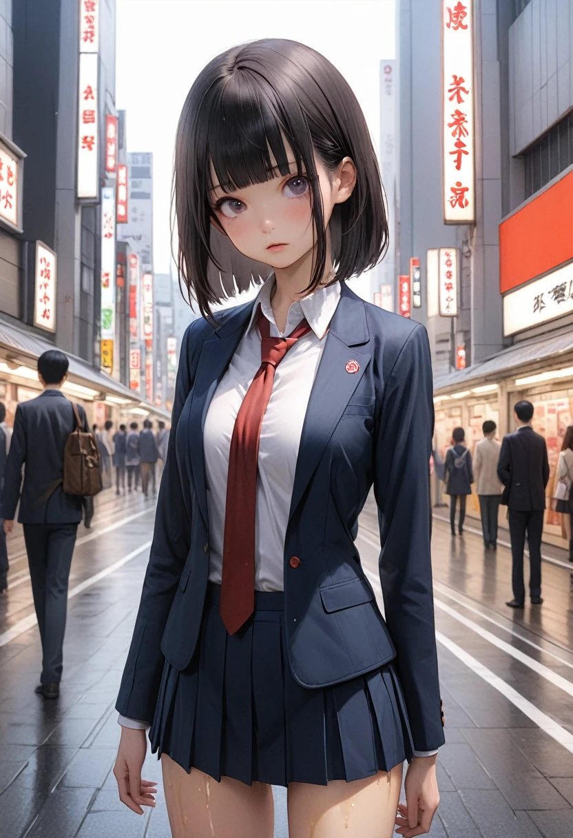 ((masterpiece,Highest quality:1.3,best quality illustration)),realistic,cowboy shot,1woman、独奏,-yeld Ja beauty,((very small head)),short bob hair,blunt bangs,black hair,black eyes,gorgeous eyes,shy,medium breasts,((very long body)),(School uniform,Navy blue blazer、Red tie、White Shirt、Navy blue pleated mini skirt),(toned body,slender body,skinny),gleaming skin,shiny skin,oily skin,standing,Shibuya Station、Tokyo