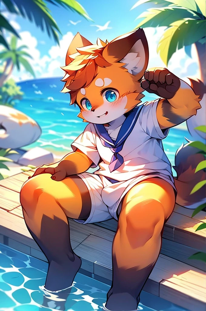 Male Red Panda，Ocean，Appearing in a sailor uniform！One person estrus period，sit，
