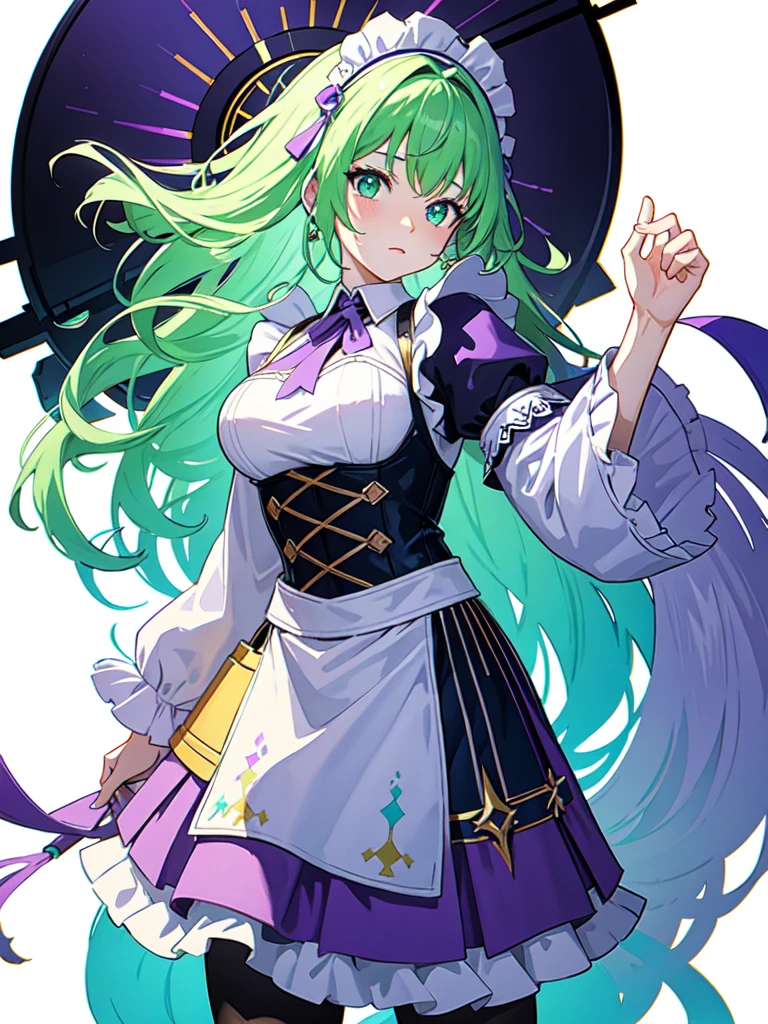 Carrying a shield as big as his body, watercolor画, （Gradient braided hair, (Ink blotches:1.1), (pale:1.2),(Light purple:1.2),(Light green:1.2)）and wearing a maid outfit 　Mature face,tall, Wearing black tights,Green Eyes, The skin is hidden　and 1 female, Nervous,Cowboy Shot, sketch (Character design sheet, same characters, whole body, Three-View, front, ~ ~ ~ side, return),(Very bright:1.1), White Background, [1 Girl:7], (Tilt your head:1.2), ([sketch|watercolor \(Moderate\)]:1.15),Chaotic Abstract Background, Vector Trace, Gradient Blending, Bright colors, that&#39;wonderful, Very detailed, Complex, (Very low contrast:1.4）