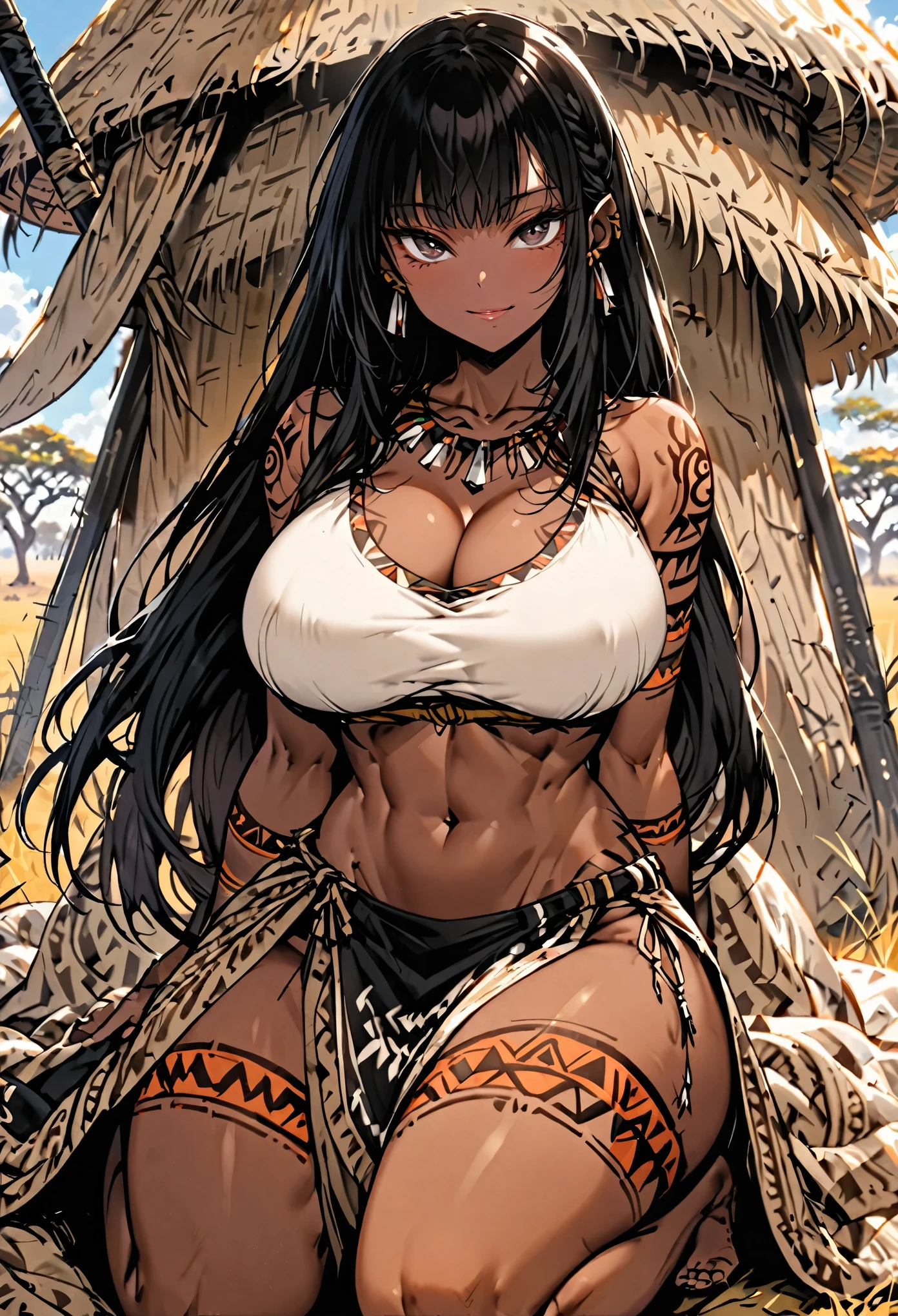 female, huge black rabbit ears, floppy rabbit ears, dark skin, black hair, very long hair, braided hair, huge breasts, tribal clothes, tribal tattoos, sackcloth clothes, thick thighs:0.4, teasing smile, kneeling, savannah, hut, spear, black eyes, abs, bare midriff, cleavage, heaving breasts, close up, from the waist up, looking at viewer, black fluffy ears