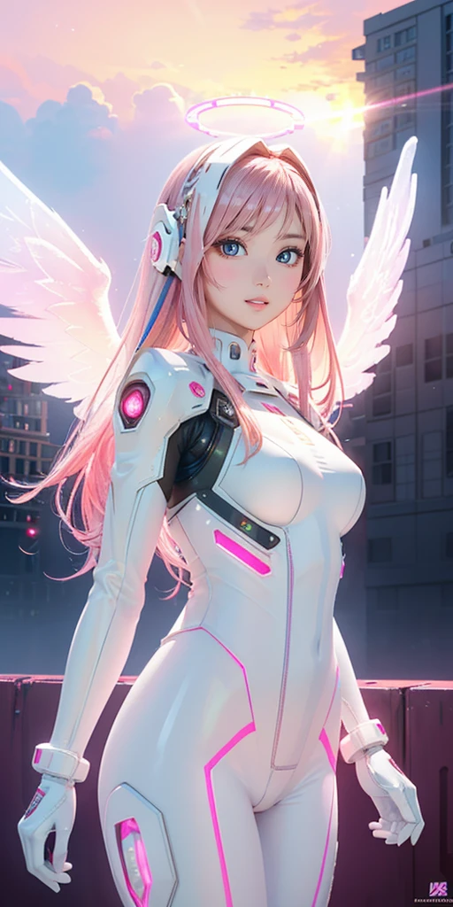 ((masterpiece, best quality, extremely detailed), volumetric lighting, ambient occlusion, colorful, glowing), 1girl, solo, young girl, (pink hair), long hair, halo, aura, sacred, godness, cyber suit, (white outfit:1.3), android, bot, angel wings, outdoors, sunset, sky, clouds, space, (cyberpunk theme:1.2),