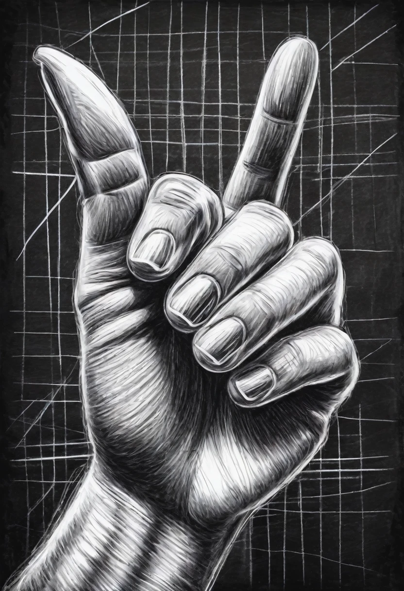 Hand showing middle finger gesture, sketching, drawing with white chalk on black board background. Detailed textures and lines, realistic style.