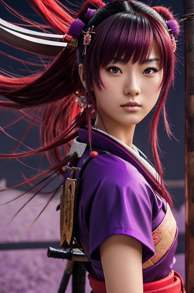 An anime-like female samurai with red and purple colors 