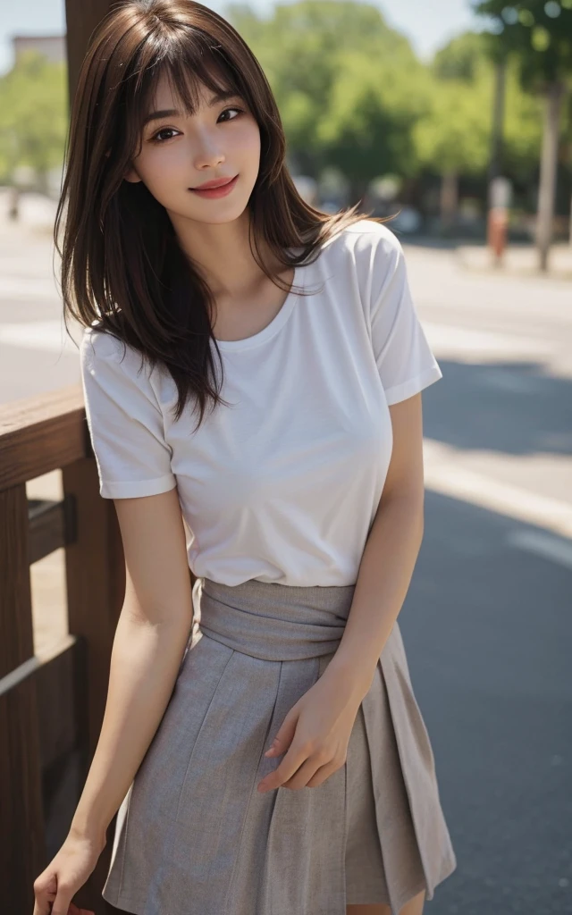 Masterpiece, best picture quality, high quality, beautiful woman, Japanese, detailed, detailed eyes, detailed skin, beautiful skin, ultra high resolution, (reality: 1.4),very beautiful, slightly younger face, beautiful skin, slender, (ultra realistic), (highresolution), (8K), (very detailed) (beautifully detailed eyes), (super detailed), T-shirt, skirt, (wallpaper), (detailed face), looking at viewer, fine details, detailed face, smiling, looking straight ahead, looking straight ahead, angle from waist up, realistic photo, bright lighting, professional lighting, mature woman, brown hair, sway in the wind shoulder length straight hair, long stylish bangs,