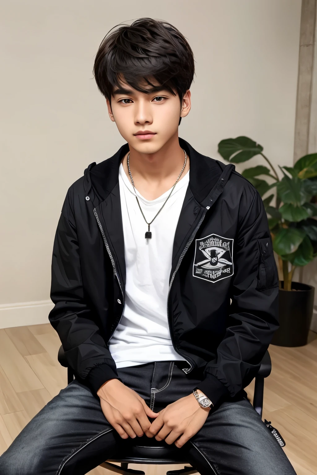 A boy sit on chair when wear white t sirt and black jacket and black jeans white foot wear and black log har and his is so cute and stylish like Korean 