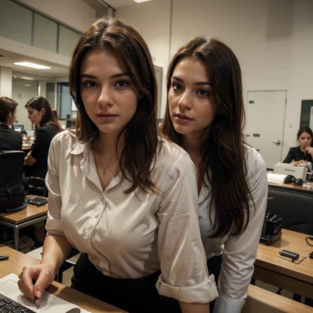 a young man with brown hair and a successful expression working in the office with his coworkers, beautiful detailed eyes, beautiful detailed lips, extremely detailed eyes and face, long eyelashes, formal business attire, working on office computer, office setting with desk and chairs, warm lighting, photorealistic, 8k, cinematic, highres, masterpiece, ultra-detailed, realistic consumiendo pasta en un restaurante