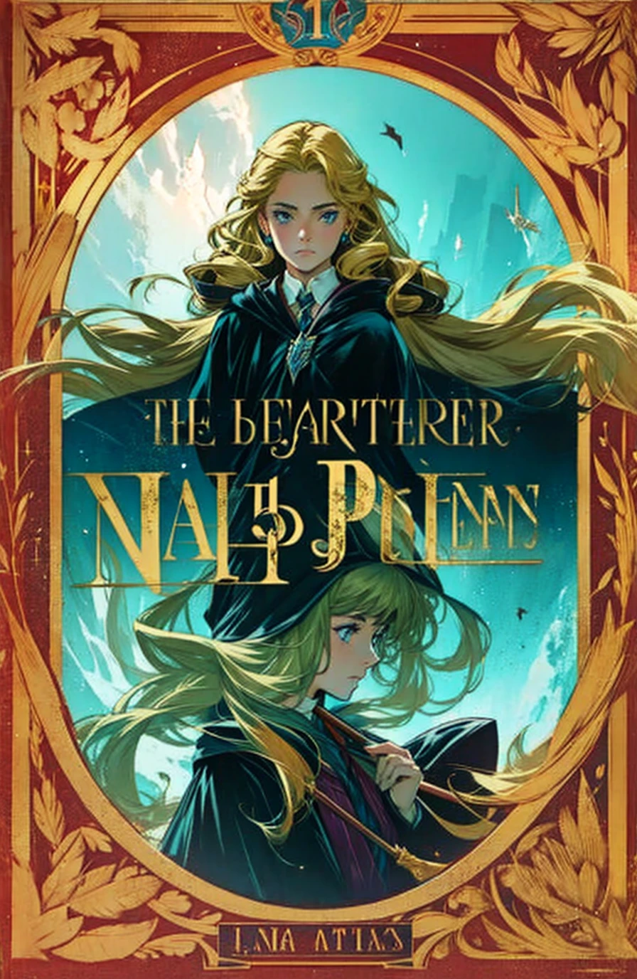 Change the name "Harry Potter" by "Lana Starling" and leave just one girl with long hair exactly like the photo but without the other 2 she is blonde and a teenager, wand in hand