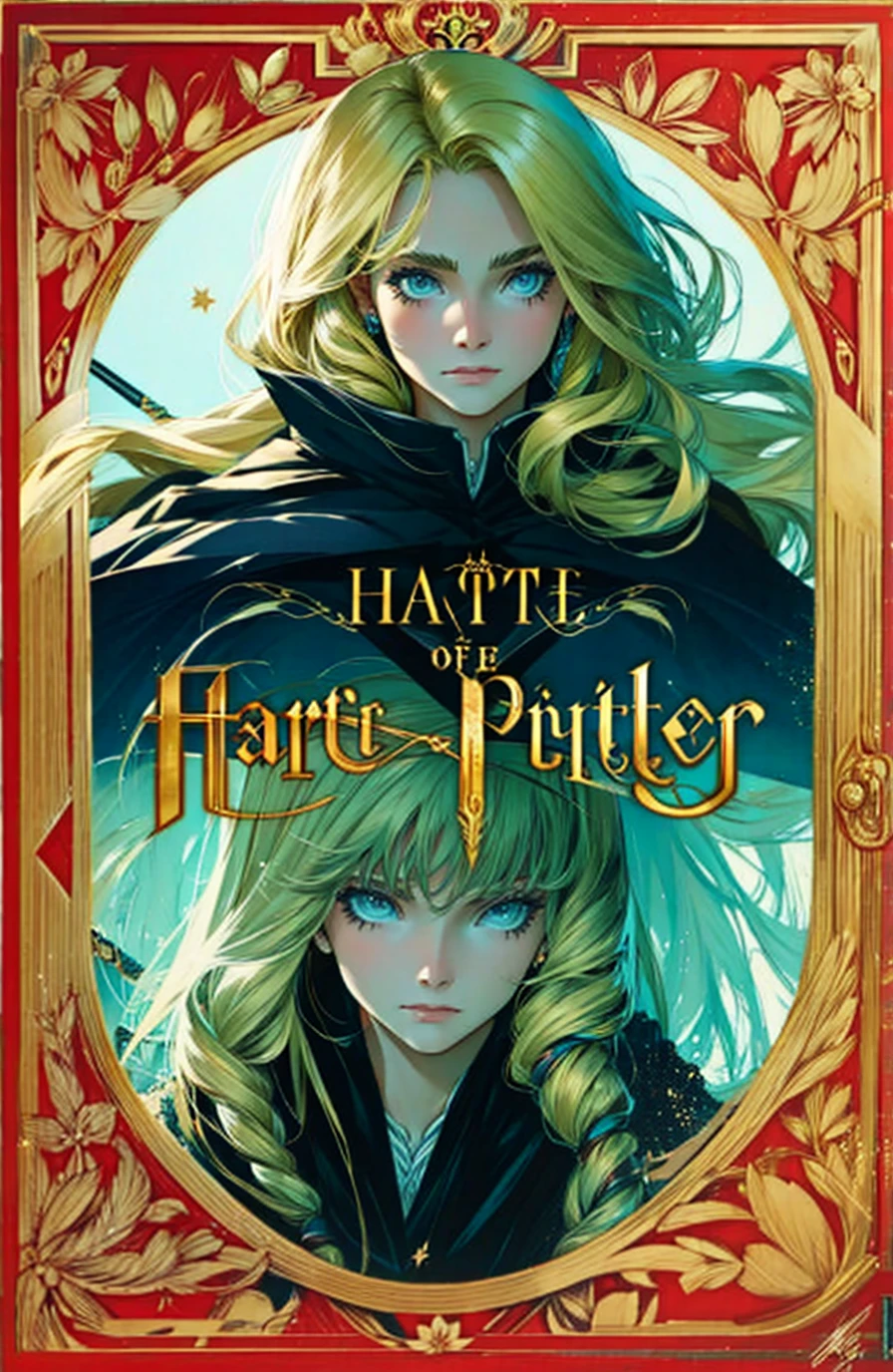 Change the name "Harry Potter" by  "Lana Starling" and leave just one girl with long hair exactly like the photo but without the other 2 she is blonde and a teenager, wand in hand 