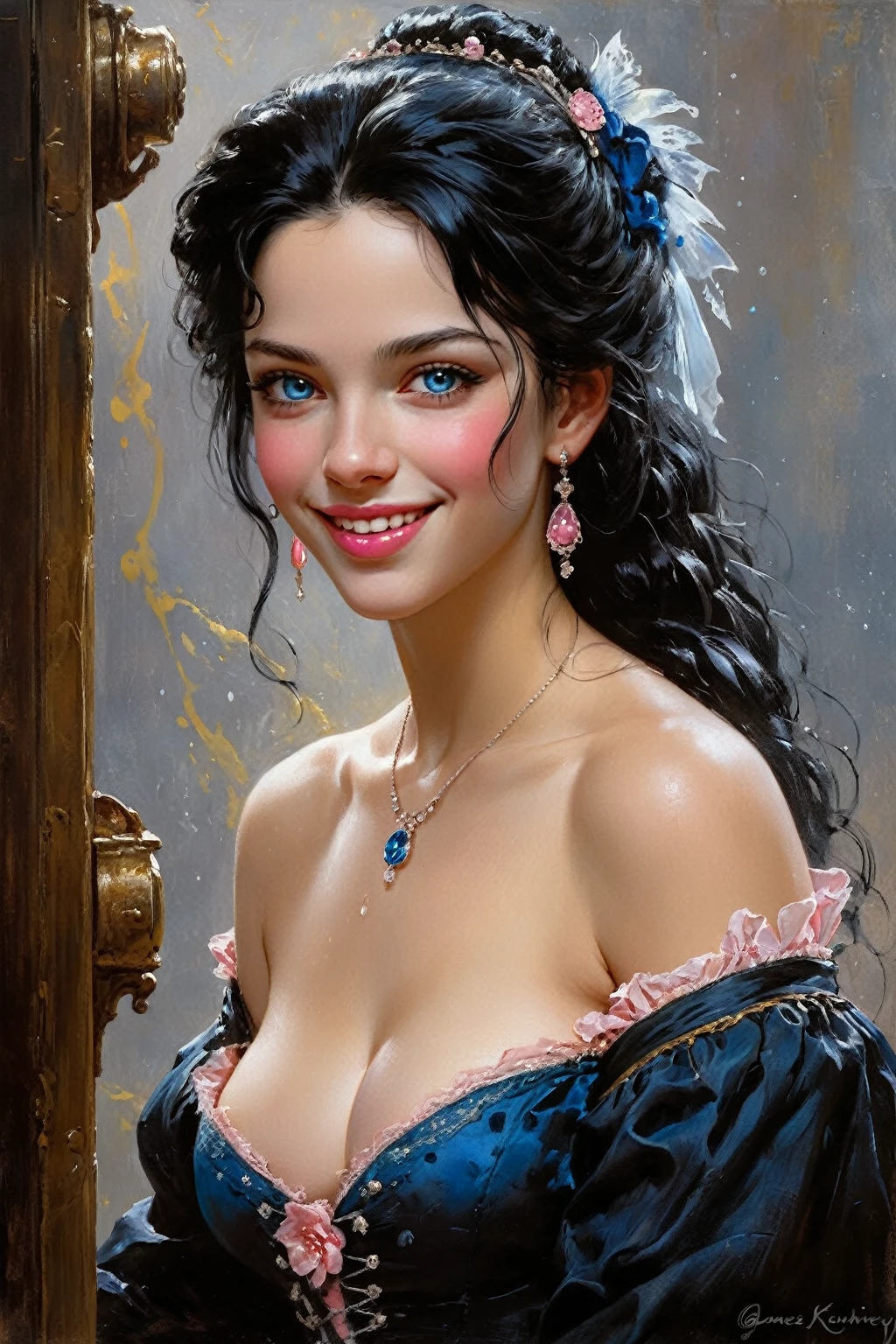 Victorian French Women of the 18th century, very detailed Bright Black hair, Pink lips, Delicate and sexy smile, very detailed skin, Nice features, Wadim Kashin, James Gurney, ink, Splash Art, Amazing beauty, Royo, after sexing, Super detailed splash art modern European oil ink painting, Mid Gorgeous chests, Gorgeous Body, oil painting, very detailed Bright Diamond Blue eyes, Blush, Greg Rutowski, no extra head:1.4.