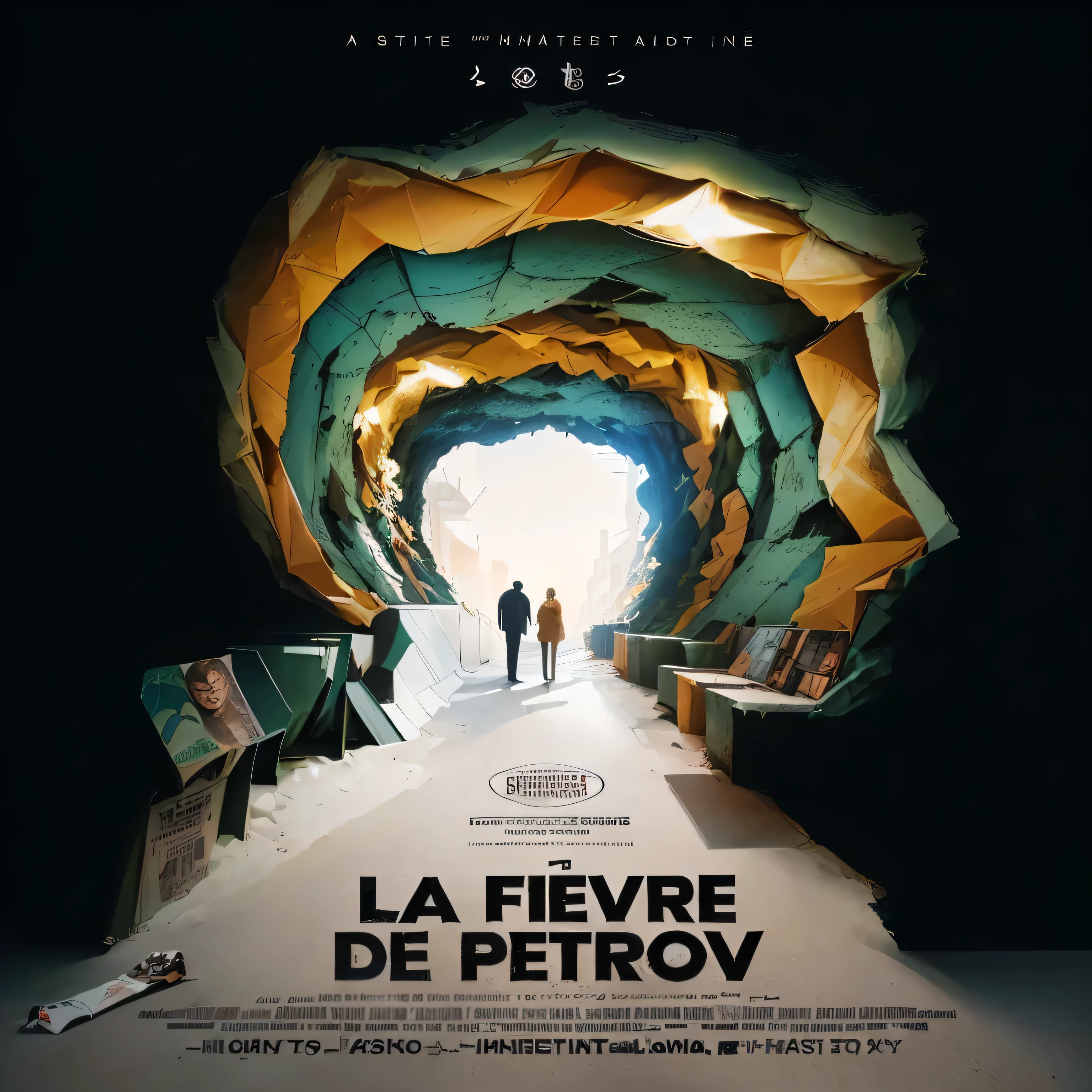 a movie poster with a man and a woman standing in a tunnel, official poster, poster, from below, cinématique”, movie poster with no text, inherent vice, by Pierre Laffillé, by Róbert Berény, [ theatrical ], inspired by Peter de Sève, in a denis villeneuve movie, center view, cinema poster