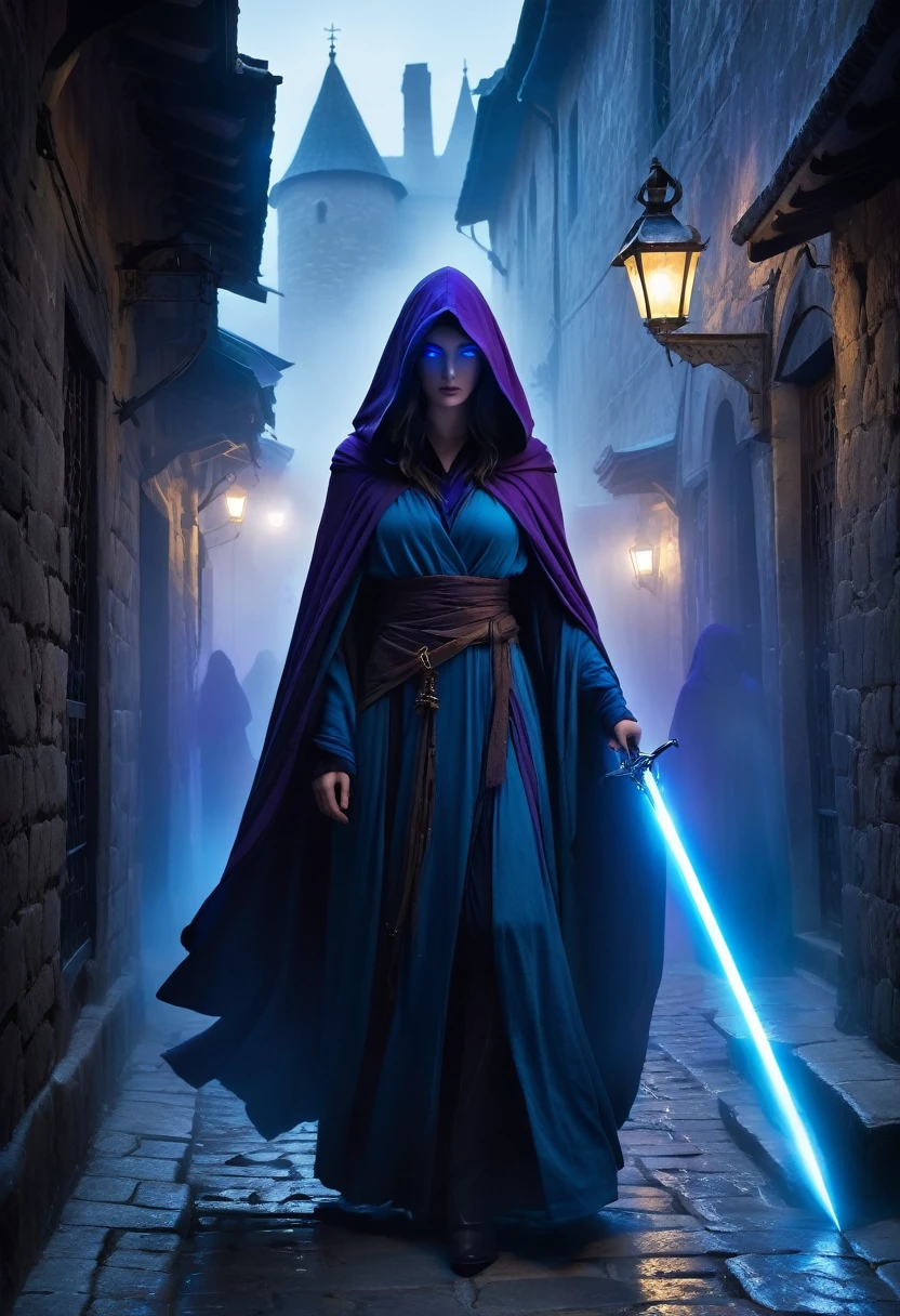 "A dark and mysterious scene set in a foggy, narrow alley of an ancient city. In the foreground, a female figure cloaked in a flowing, dark hooded robe stands with a glowing blue, ethereal sword. Her face is partially hidden by the hood, with long, flowing hair cascading down. The sword emits a powerful, magical blue aura. In the background, several shadowy figures with glowing purple eyes and similar cloaks are visible, adding to the eerie and mystical atmosphere. The setting is medieval, with old buildings lining the street and banners hanging above. The overall mood is tense and magical, with an air of secrecy and impending confrontation."