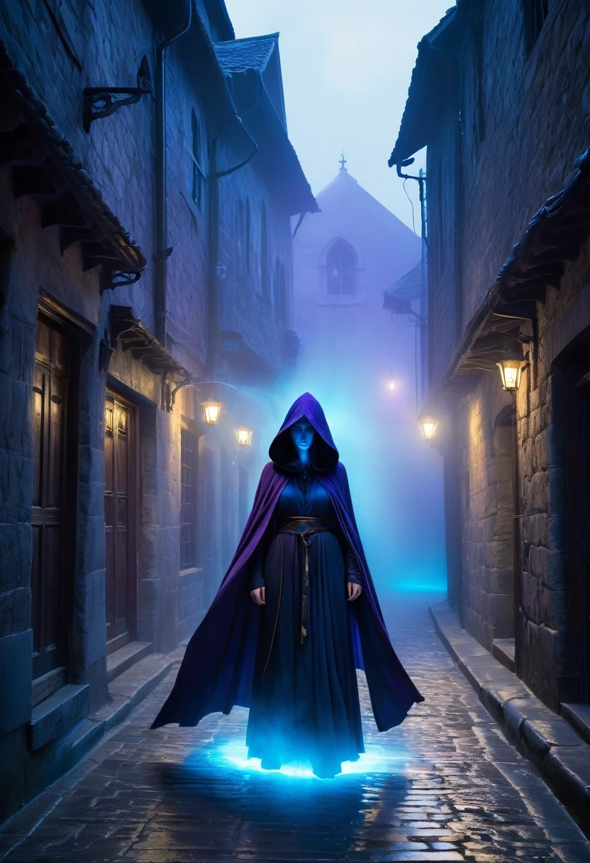 "A dark and mysterious scene set in a foggy, narrow alley of an ancient city. In the foreground, a female figure cloaked in a flowing, dark hooded robe stands with a glowing blue, ethereal sword. Her face is partially hidden by the hood, with long, flowing hair cascading down. The sword emits a powerful, magical blue aura. In the background, several shadowy figures with glowing purple eyes and similar cloaks are visible, adding to the eerie and mystical atmosphere. The setting is medieval, with old buildings lining the street and banners hanging above. The overall mood is tense and magical, with an air of secrecy and impending confrontation."