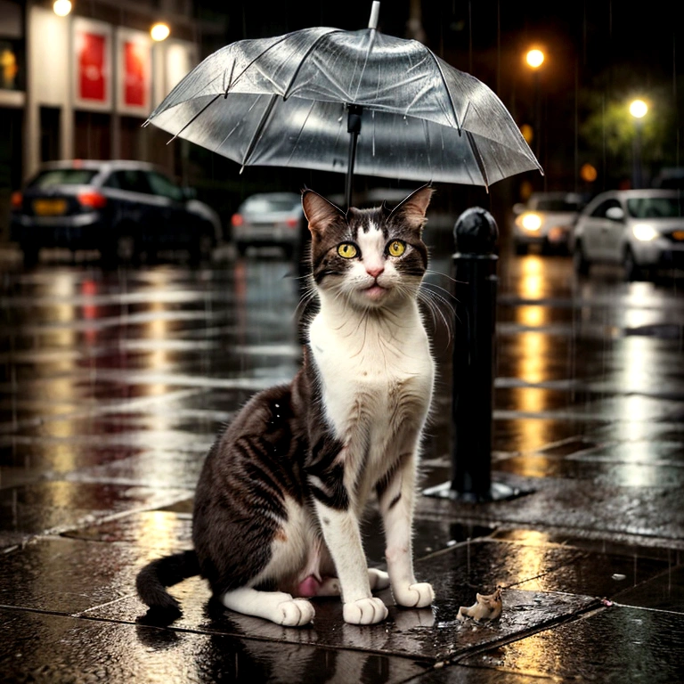 create an image of a hungry and injured cat, sitting in the rain on a wet city street. The cat is very sad . The background shows a group of humans laughing at him. the atmosphere is dramatic and touching, highlighting the sad situation. there is a bowl with very little food in front of the skinny cat. realistic