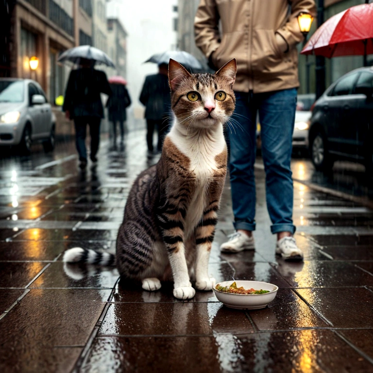 create an image of a hungry and injured cat, sitting in the rain on a wet city street. The cat is very sad . The background shows a group of humans laughing at him. the atmosphere is dramatic and touching, highlighting the sad situation. there is a bowl with very little food in front of the skinny cat. realistic