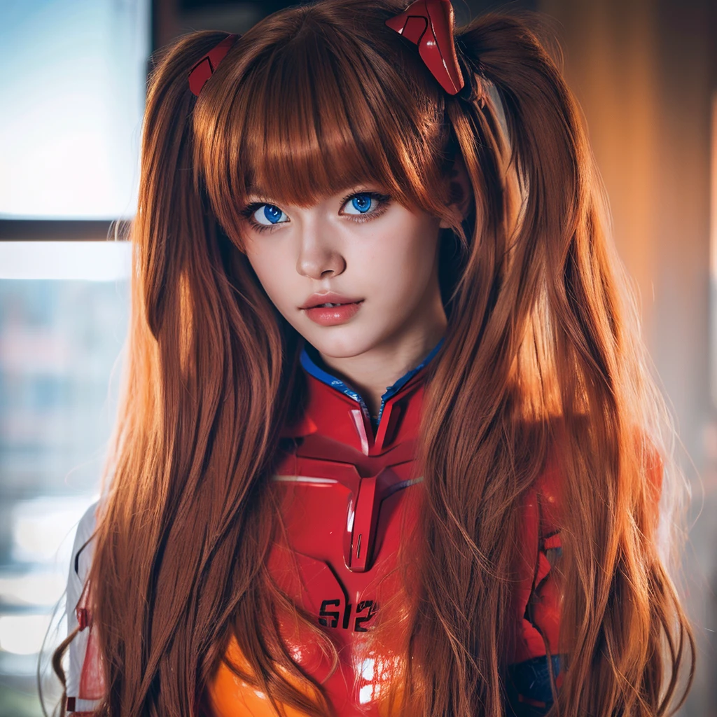 (Best Quality), high resolution, Asuka Langley Soryu, beautiful and pretty mixed race german girl, ((beautiful face)), sensual lips, redhead twin tails headband, long hair, intense look, beautiful detailed dark blue eyes, combines realism and anime influence, Red suit,