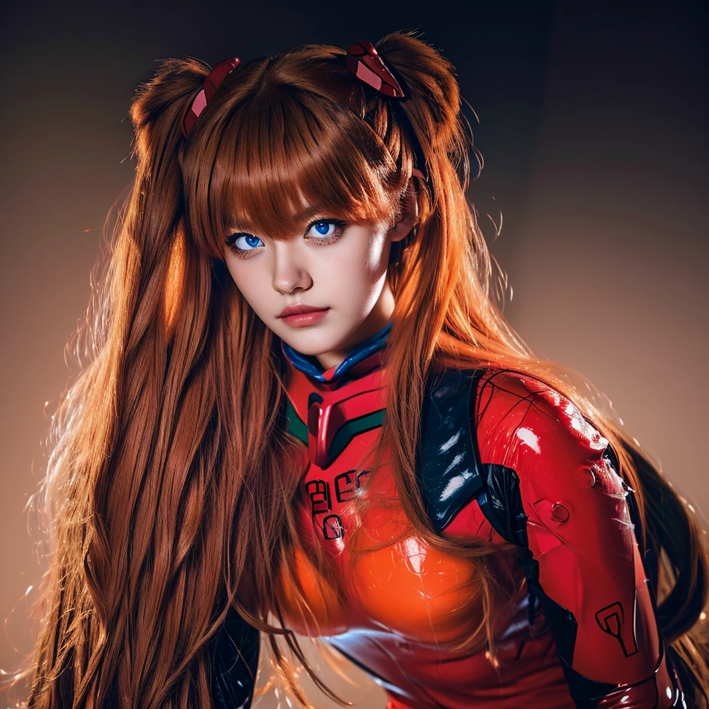(Best Quality), high resolution, Asuka Langley Soryu, beautiful and pretty mixed race german girl, ((beautiful face)), sensual lips, redhead twin tails headband, long hair, intense look, beautiful detailed dark blue eyes, combines realism and anime influence, Red suit,