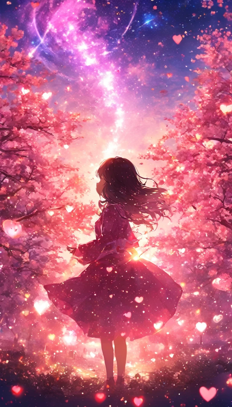 masterpiece, Concept Art, Panorama, in the center, shape, Wide Shot, garden, night, (meteor), Space galaxy background, (Great composition, Epic scale), Dynamic Lighting, Bright colors, cherry blossoms,1 Girl,Glowing light particles、heart、heart、love affair