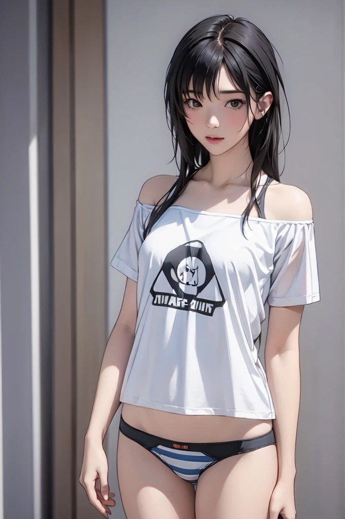 ((masterpiece, best quality)),((high resolution:1.3)), 1 Girl, solo, Cowboy Shot, Blurred Background, (((Small ))), Thighs, (Stripe underwear), ((T-Shirts)), Off shoulder,