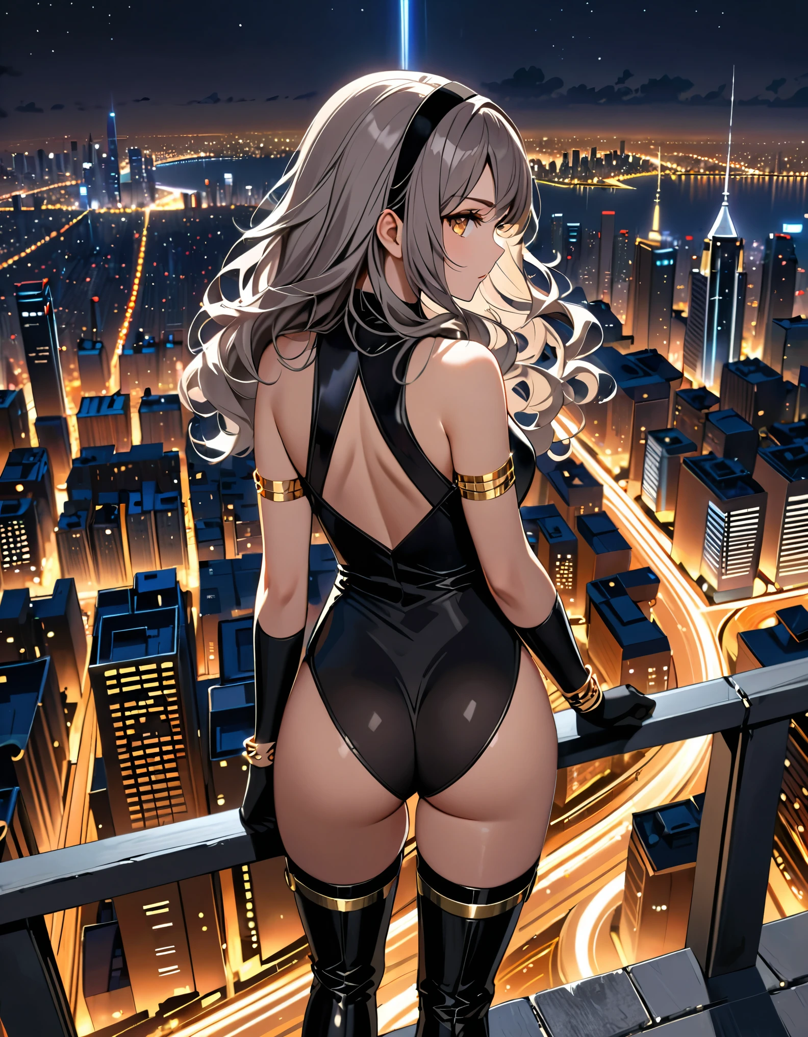 masterpiece, best quality, 1girl, grey hair, shoulder length hair, wavy hair, black hairband, auburn eyes, beautiful detailed eyes, beautiful detailed face, cute face, stoic, professional, ninja, black leotard, black tactical gloves, bare legs, gold bracelets, black thigh-high boots, cityscape, night, noir atmosphere. (back view, rear view), spins in place like a (tornado), spins like a tornado, (she spins) at an incredible speed, creating a whirlwind of air around her, spiral lines around, cyclone winds around, tornado spinning.