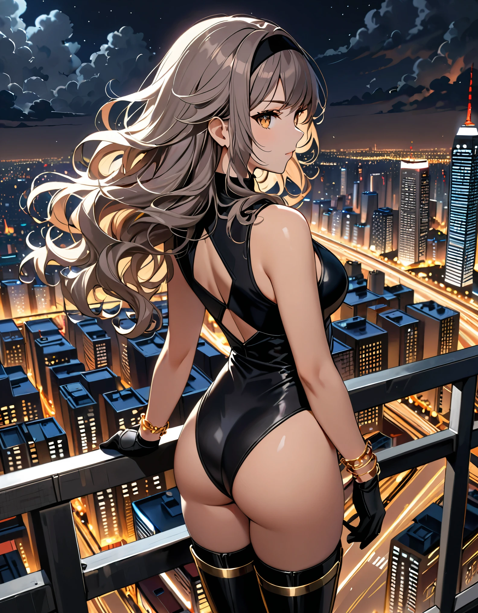 masterpiece, best quality, 1girl, grey hair, shoulder length hair, wavy hair, black hairband, auburn eyes, beautiful detailed eyes, beautiful detailed face, cute face, stoic, professional, ninja, black leotard, black tactical gloves, bare legs, gold bracelets, black thigh-high boots, cityscape, night, noir atmosphere. (back view, rear view), spins in place like a (tornado), spins like a tornado, (she spins) at an incredible speed, creating a whirlwind of air around her, spiral lines around, cyclone winds around, tornado spinning.