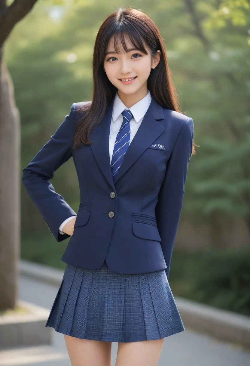 8K, Ultra-high resolution, Highest quality, masterpiece, 三分割法によるphotograph,Surreal, photograph, 1 Girl, (16 years old:1.3), pretty girl, Cute face, Beautiful eyes in every detail, 細かくdetailedに,masterpiece,, One Girl:1.2, Japan Female Announcer、Cowboy Shot,((very small head:1.3)),Center-parted bangs,amount,Black Hair,Long Hair,Iris,Gorgeous eyes,smile,((Toned body,Slender body,skinny)),(school uniform、Dark blue blazer jacket、Navy blue tie、Grey plaid pleated mini skirt),Glowing Skin,Shiny skin,Urban area,street tree,Full of sex appeal,Sensual,屈託のないsmile,Heal the heart,Looking at the audience、beauty,Long neck、Laugh a little、Please close your mouth and laugh、(((Ideal body type))),A cup small breasts :2,、Portraiture:2、Perfect Anatomy、鮮明なdetailed、detailed、Surreal、Light and shadow,Strong light