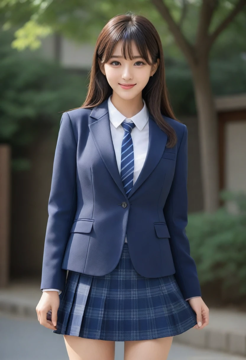 8K, Ultra-high resolution, Highest quality, masterpiece, 三分割法によるphotograph,Surreal, photograph, 1 Girl, (16 years old:1.3), pretty girl, Cute face, Beautiful eyes in every detail, 細かくdetailedに,masterpiece,, One Girl:1.2, Japan Female Announcer、Cowboy Shot,((very small head:1.3)),Center-parted bangs,amount,Black Hair,Long Hair,Iris,Gorgeous eyes,smile,((Toned body,Slender body,skinny)),(school uniform、Dark blue blazer jacket、Navy blue tie、Grey plaid pleated mini skirt),Glowing Skin,Shiny skin,Urban area,street tree,Full of sex appeal,Sensual,屈託のないsmile,Heal the heart,Looking at the audience、beauty,Long neck、Laugh a little、Please close your mouth and laugh、(((Ideal body type))),A cup small breasts :2,、Portraiture:2、Perfect Anatomy、鮮明なdetailed、detailed、Surreal、Light and shadow,Strong light
