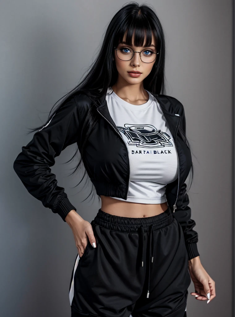 woman, long hair, black_hair, bangs,, dark brown eyes, black crop jacket, big breast, t-shirt, black sweatpants,round glasses,standing,