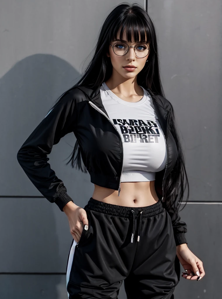 woman, long hair, black_hair, bangs,, dark brown eyes, black crop jacket, big breast, t-shirt, black sweatpants,round glasses,standing,