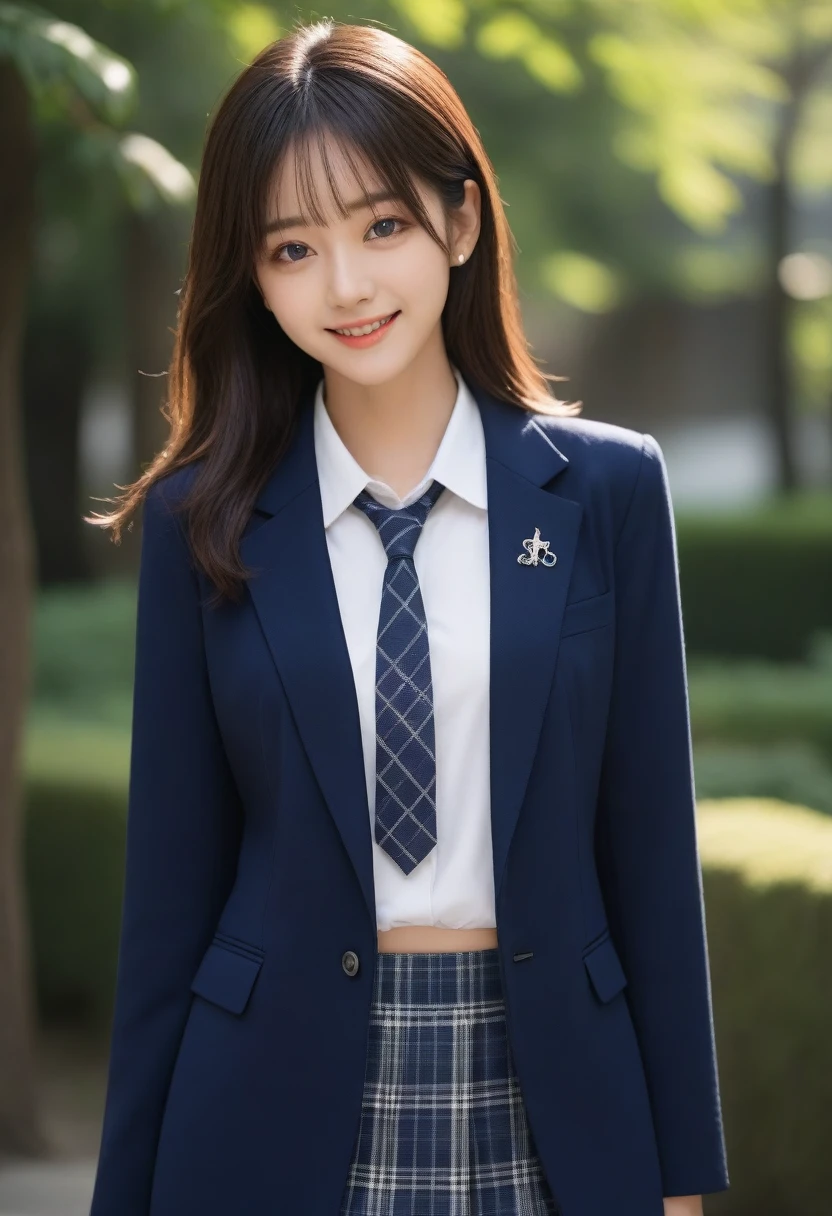 8K, Ultra-high resolution, Highest quality, masterpiece, 三分割法によるphotograph,Surreal, photograph, 1 Girl, (16 years old:1.3), pretty girl, Cute face, Beautiful eyes in every detail, 細かくdetailedに,masterpiece,, One Girl:1.2, Japan Female Announcer、Cowboy Shot,((very small head:1.3)),Center-parted bangs,amount,Black Hair,Long Hair,Iris,Gorgeous eyes,smile,((Toned body,Slender body,skinny)),(school uniform、Dark blue blazer jacket、Navy blue tie、Grey plaid pleated mini skirt),Glowing Skin,Shiny skin,Urban area,street tree,Full of sex appeal,Sensual,屈託のないsmile,Heal the heart,Looking at the audience、beauty,Long neck、Laugh a little、Please close your mouth and laugh、(((Ideal body type))),A cup small breasts :2,、Portraiture:2、Perfect Anatomy、鮮明なdetailed、detailed、Surreal、Light and shadow,Strong light