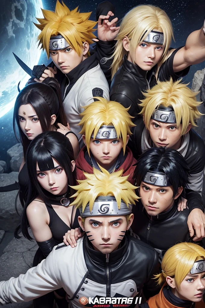 Create an image with the “naruto” characters,kakashi, Sasuke, meliodas, ban, king, sara, itadori, minato.” All together in a single photo