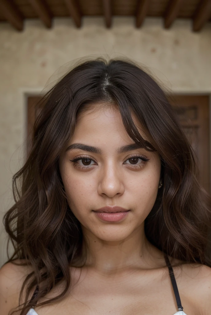 ((best quality)), ((masterpiece)), (detailed), perfect face A 25-year-old latina mexican brunette woman, ((pechos grandes)), ((hiperrealismo)), ultra high quaility, 8k, wavy brown roots, cabello muy largo, gorgeous, Front view, photo taken with cannon camera, black lingerie at a mexican house