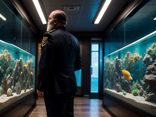 Full body photography full body photography full image, The general is in his office looking at a large aquarium with an alien humanoid being, the general touches the aquarium with his metal right hand. The general orders an immediate exploration of the planet he has a large, bushy white beard he has a general'with hat on head, wears a modern uniform, gestures with hands to spectators, he is chubby and chubby, extremely thick thighs, Large belly, plumpness, 65 years old, he holds a mug of hot coffee , Ambience: inside a ship. Full body photography Full body photography different angles of the image.