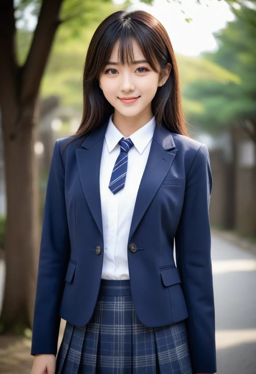 8K, Ultra-high resolution, Highest quality, masterpiece, 三分割法によるphotograph,Surreal, photograph, 1 Girl, (16 years old:1.3), pretty girl, Cute face, Beautiful eyes in every detail, 細かくdetailedに,masterpiece,, One Girl:1.2, Japan Female Announcer、Cowboy Shot,((very small head:1.3)),Center-parted bangs,amount,Black Hair,Long Hair,Iris,Gorgeous eyes,smile,((Toned body,Slender body,skinny)),(school uniform、Dark blue blazer jacket、Navy blue tie、Grey plaid pleated mini skirt),Glowing Skin,Shiny skin,Urban area,street tree,Full of sex appeal,Sensual,屈託のないsmile,Heal the heart,Looking at the audience、beauty,Long neck、Laugh a little、Please close your mouth and laugh、(((Ideal body type))),A cup small breasts :2,、Portraiture:2、Perfect Anatomy、鮮明なdetailed、detailed、Surreal、Light and shadow,Strong light