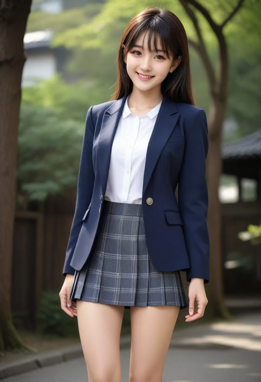 8K, Ultra-high resolution, Highest quality, masterpiece, 三分割法によるphotograph,Surreal, photograph, 1 Girl, (:1.3), pretty girl, Cute face, Beautiful eyes in every detail, 細かくdetailedに,masterpiece,, One Girl:1.2, Japan Female Announcer、Cowboy Shot,((very small head:1.3)),Center-parted bangs,amount,Black Hair,Long Hair,Iris,Gorgeous eyes,smile,((Toned body,Slender body,skinny)),(school uniform、Dark blue blazer jacket、Navy blue tie、Grey plaid pleated mini skirt),Glowing Skin,Shiny skin,Urban area,street tree,Full of sex appeal,Sensual,屈託のないsmile,Heal the heart,Looking at the audience、beauty,Long neck、Laugh a little、Please close your mouth and laugh、(((Ideal body type))),A cup small breasts :2,、Portraiture:2、Perfect Anatomy、鮮明なdetailed、detailed、Surreal、Light and shadow,Strong light