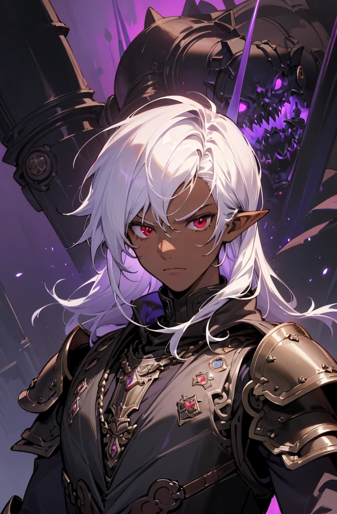 masterpiece, best quality, ultra high res, dark theme, 1boy, (dungeonpunk armor), (mechanical steampunk armor), (wearing armor), fantasy illustration, dark skinned, human, upper body, portrait, red eyes, long white hair, half-drow, pointy ears, serious face, young man, dramatic lighting, purple hue, art by Kinema Citrus