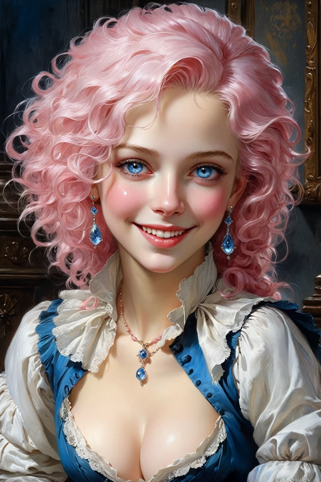 Victorian French Women of the 18th century, very detailed Bright hair, Pink lips, Delicate and y smile, very detailed skin, Nice features, Wadim Kashin, James Gurney, ink, Splash Art, Amazing beauty, Royo, after sex, Super detailed splash art modern European oil ink painting, Mid Gorgeous chests, Gorgeous Body, oil painting, very detailed Bright Diamond Blue eyes, Blush, Greg Rutowski, no extra head:1.4.