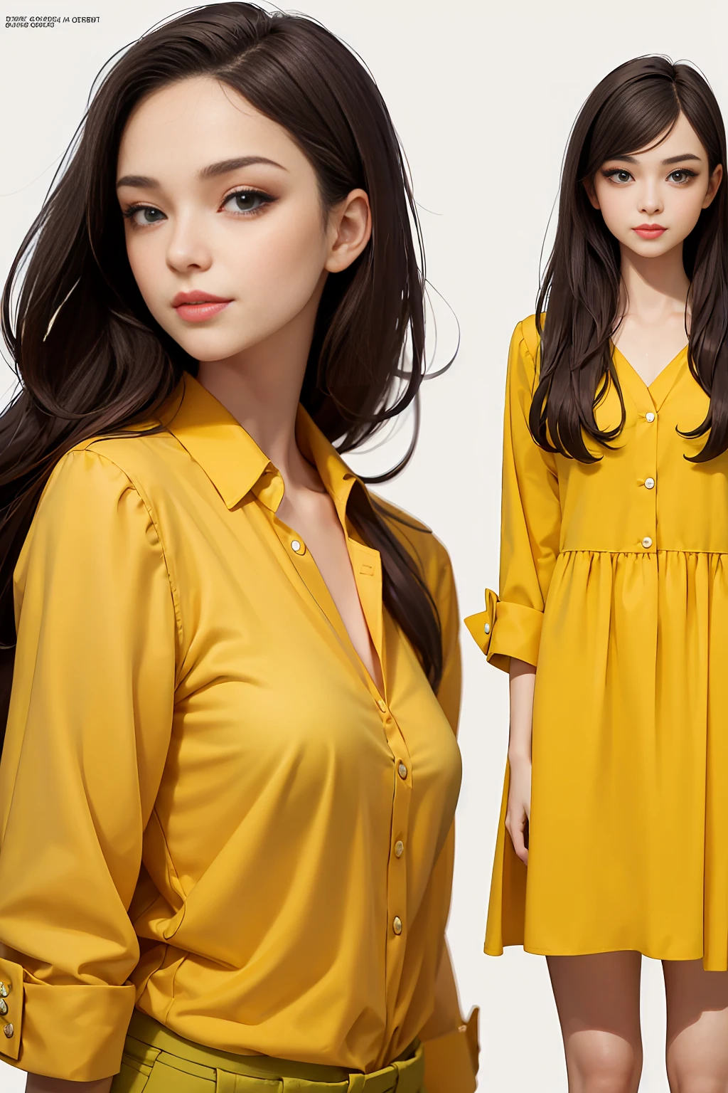 1 girl, realist, standing, Photo, Beautiful yellow blouse, mini skirt, Looking beyond the viewer, female, SMILE, Photorealism, fashion design, simple white background, (Perfect face:1.4), model, Vogue magazine cover