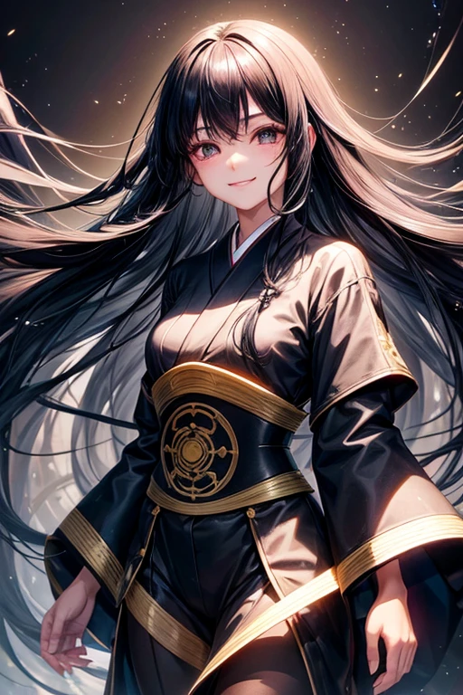 young Japanese girl, long black hair, wind, long eyelashes, black eyebrows, solid, black, teary circle eyes, sweet and light smile, flowing and shiny clothes, holographic forest, surrealistic, best quality, anatomically correct, romanticism