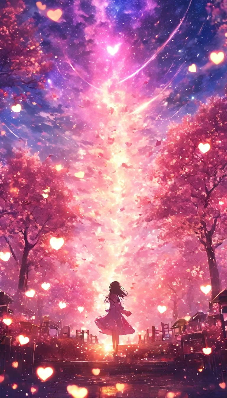masterpiece, Concept Art, Panorama, in the center, shape, Wide Shot, garden, night, (meteor), Space galaxy background, (Great composition, Epic scale), Dynamic Lighting, Bright colors, cherry blossoms,1 Girl,Glowing light particles、heart、heart、love affair