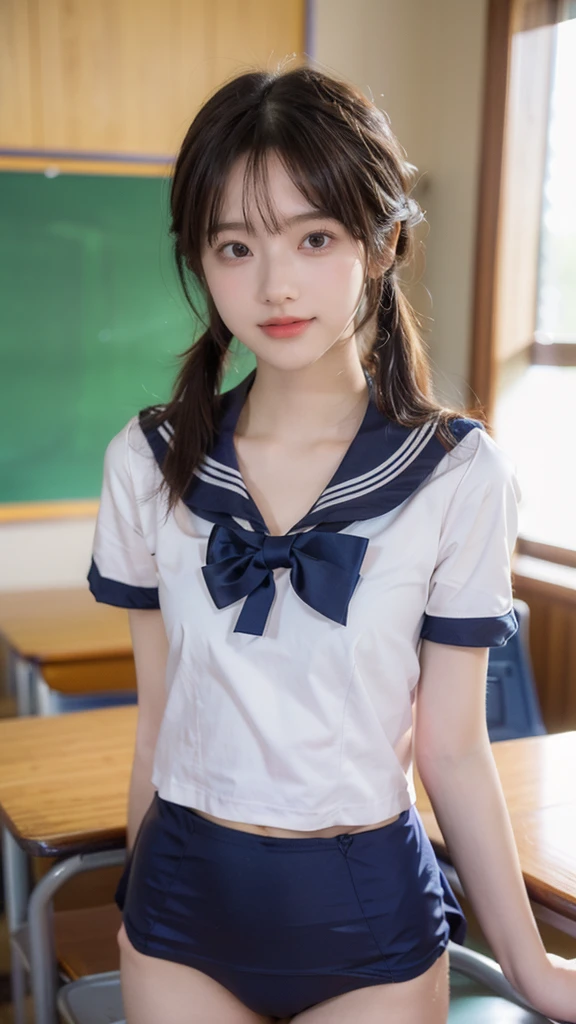 (masterpiece, best quality:1.2), 8k, official art, raw photo, incredibly absurdres, (sailor uniform, serafuku:1.0), ************,high**************,beautiful girl, pretty face, , short sleeve, violaceaess, (short twintails:1.3),****, classroom, looking at viewer, no makeup,  detailed eyes and face, ,(cowboyshot:1.3),(small brests:1.2),(skinny:1.2),(smile:1.2),(school swimsuit:1.3),(fullnude:1.0),(show pussy:1.0),(bottomless:1.0),