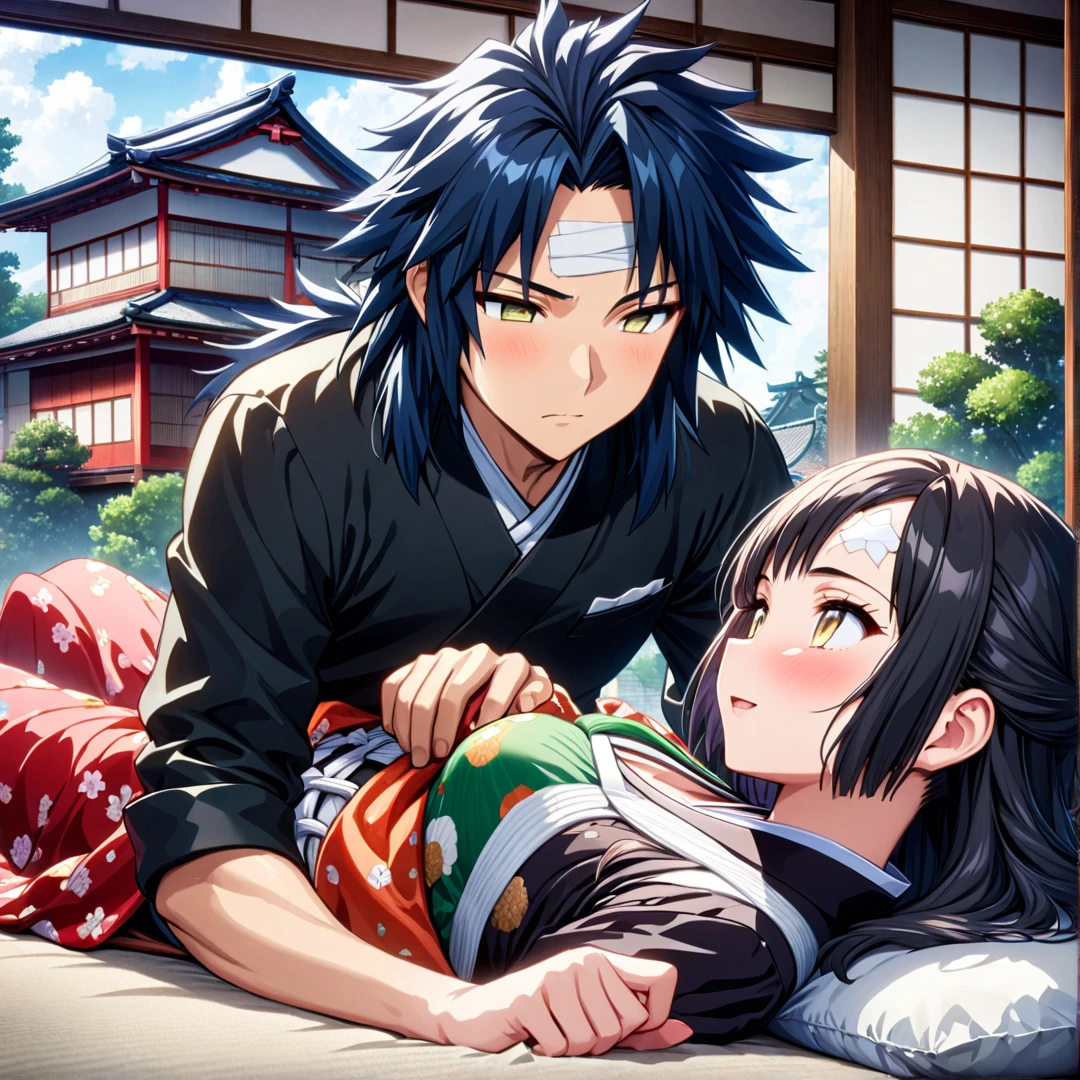 Ultra detailed, high resolution, absurd, HDR, masterpiece, anime man and woman, beautiful woman (with long white hair with deep red highlights, woman (with yellow eyes), wearing anime uniform demon slayer body, Kimetsu No Yaiba, handsome Tomioka Giyu, Hashira, Tomioka lying hurt in bed, Tomioka has a bandage on his forehead, couple, Japanese house, best quality, extremely detailed face, anime, the girl is looking at Tomioka, she stays by his side