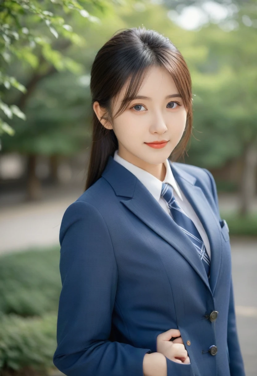 8K, Ultra-high resolution, Highest quality, masterpiece, 三分割法によるphotograph,Surreal, photograph, 1 Girl, (16 years old:1.3), pretty girl, Cute face, Beautiful eyes in every detail, 細かくdetailedに,masterpiece,, One Girl:1.2, Japan Female Announcer、Cowboy Shot,((very small head:1.3)),Center-parted bangs,amount,Black Hair,Long Hair,Iris,Gorgeous eyes,smile,((Toned body,Slender body,skinny)),(school uniform、Dark blue blazer jacket、Navy blue tie、Grey plaid pleated mini skirt),Glowing Skin,Shiny skin,Urban area,street tree,Full of sex appeal,Sensual,屈託のないsmile,Heal the heart,Looking at the audience、beauty,Long neck、Laugh a little、Please close your mouth and laugh、(((Ideal body type))),A cup small breasts :2,、Portraiture:2、Perfect Anatomy、鮮明なdetailed、detailed、Surreal、Light and shadow,Strong light