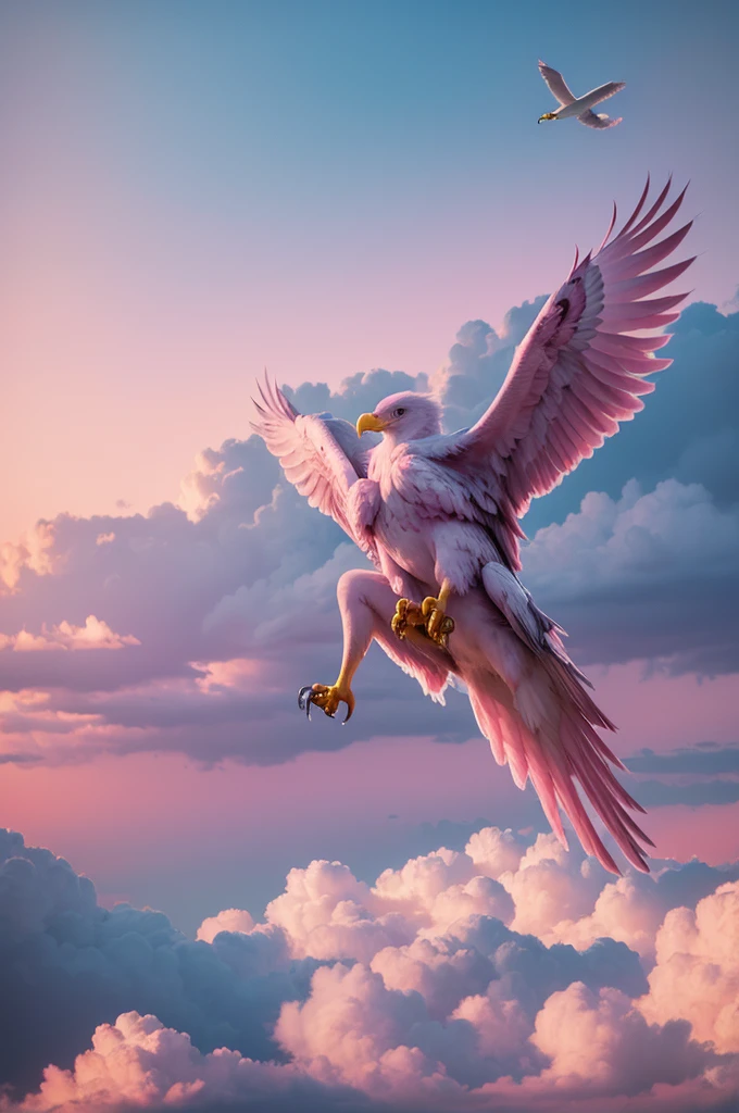 A realistic pink eagle flying in the clouds with pastel colored sky and clouds overhead free imposing splendid