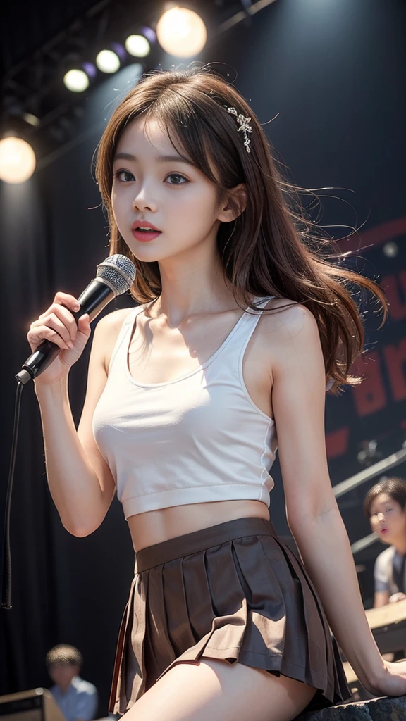 (Highest quality, masterpiece:1.2, RAW Photos), (Realistic:1.3), Realistic:1.2、One Girl、Japanese、Slender body line、Small face and slender figure、((beautiful girl、Cute girl、Idol Face、Baby Fing with a microphone:1.3))、(Showing sexy panties:1.4)、(Cute tank top and mini pleated skirt:1.3)、(Beautiful brown hair:1.3)、((on stage at a rock concert:1.3))、(Beautiful breasts、Upward bust), (Detailed eyes and face:1.2, Professional photography techniques, Cinema Lighting), (Detailed hands:1.1、A girl's small and beautiful hands:1.2), (Perfect Anatomy:1.3), (Staring at the viewer with a nasty smile:1.1, blush:1.2)
