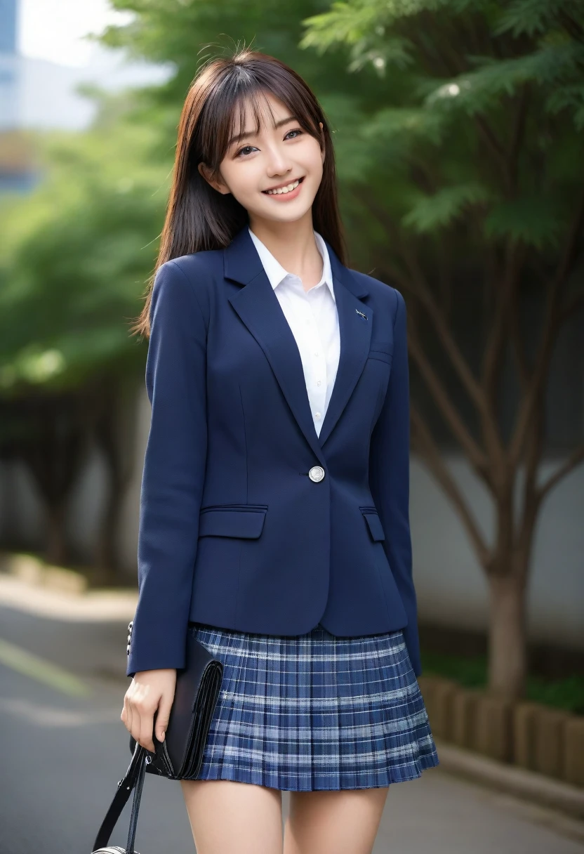 8K, Ultra-high resolution, Highest quality, masterpiece, 三分割法によるphotograph,Surreal, photograph, 1 Girl, (16 years old:1.3), pretty girl, Cute face, Beautiful eyes in every detail, 細かくdetailedに,masterpiece,, One Girl:1.2, Japan Female Announcer、Cowboy Shot,((very small head:1.3)),Center-parted bangs,amount,Black Hair,Long Hair,Iris,Gorgeous eyes,smile,((Toned body,Slender body,skinny)),(school uniform、Dark blue blazer jacket、Navy blue tie、Grey plaid pleated mini skirt),Glowing Skin,Shiny skin,Urban area,street tree,Full of sex appeal,Sensual,屈託のないsmile,Heal the heart,Looking at the audience、beauty,Long neck、Laugh a little、Please close your mouth and laugh、(((Ideal body type))),A cup small breasts :2,、Portraiture:2、Perfect Anatomy、鮮明なdetailed、detailed、Surreal、Light and shadow,Strong light