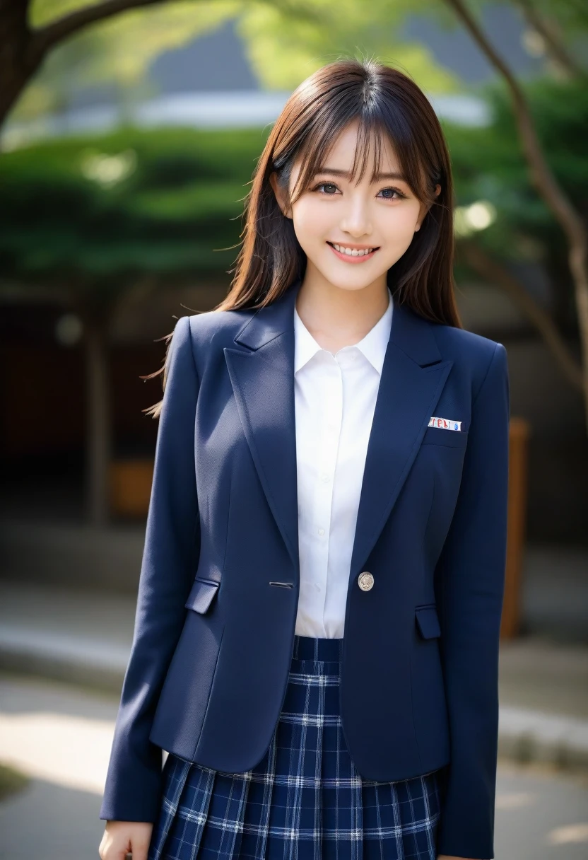 8K, Ultra-high resolution, Highest quality, masterpiece, 三分割法によるphotograph,Surreal, photograph, 1 Girl, (:1.3), pretty girl, Cute face, Beautiful eyes in every detail, 細かくdetailedに,masterpiece,, One Girl:1.2, Japan Female Announcer、Cowboy Shot,((very small head:1.3)),Center-parted bangs,amount,Black Hair,Long Hair,Iris,Gorgeous eyes,smile,((Toned body,Slender body,skinny)),(school uniform、Dark blue blazer jacket、Navy blue tie、Grey plaid pleated mini skirt),Glowing Skin,Shiny skin,Urban area,street tree,Full of sex appeal,Sensual,屈託のないsmile,Heal the heart,Looking at the audience、beauty,Long neck、Laugh a little、Please close your mouth and laugh、(((Ideal body type))),A cup small breasts :2,、Portraiture:2、Perfect Anatomy、鮮明なdetailed、detailed、Surreal、Light and shadow,Strong light